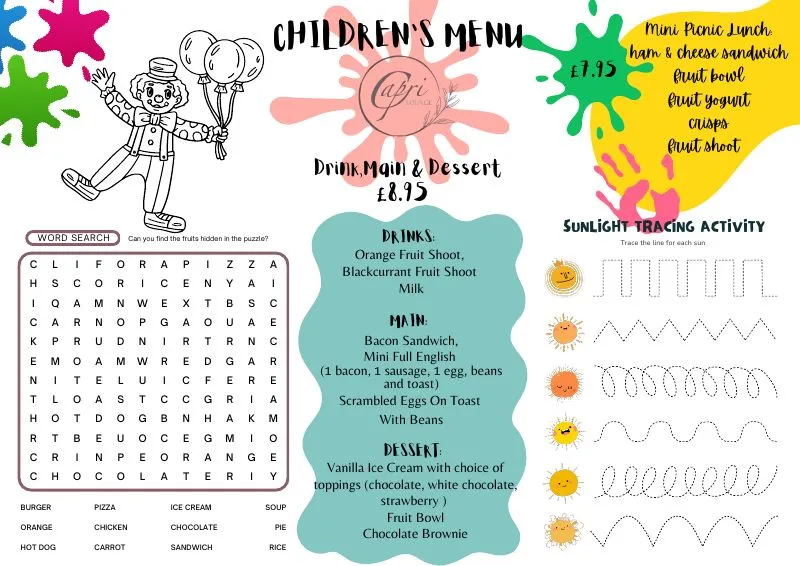 Cafe Capri Lounge children's menu cover