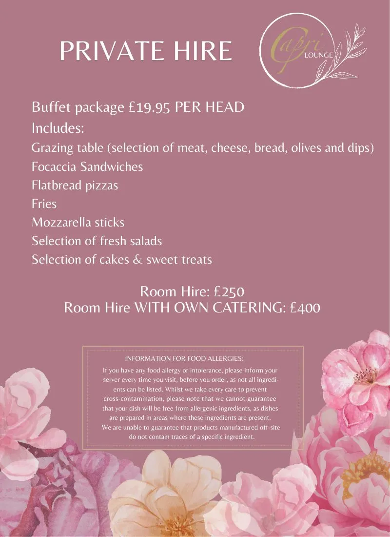 Cafe Capri Lounge private hire menu cover